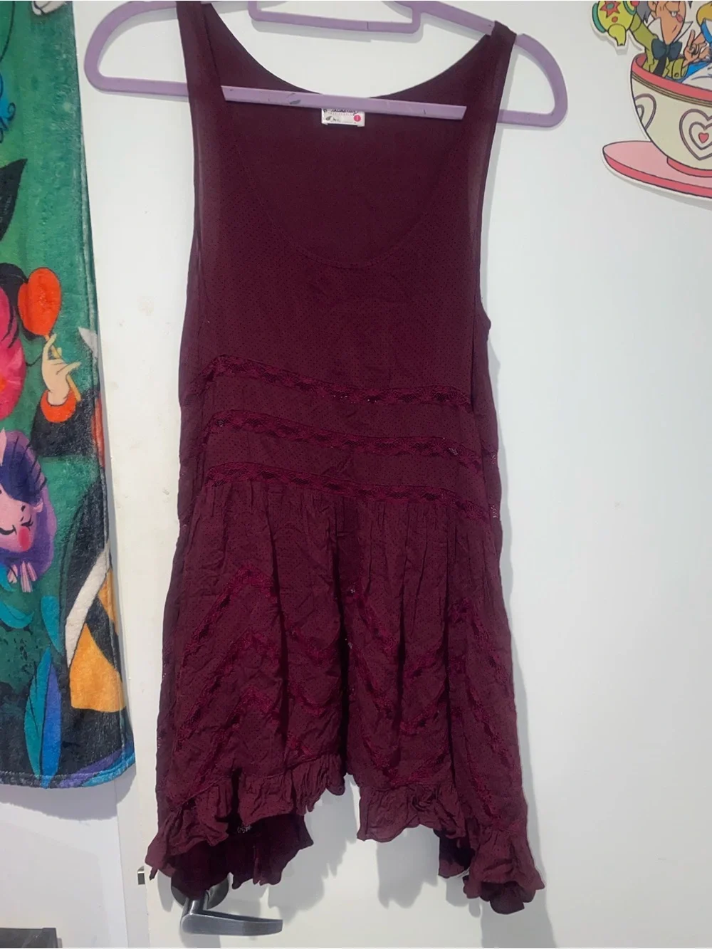 Free People Burgundy Boho Lace Ruffle Tunic Mini Dress Small